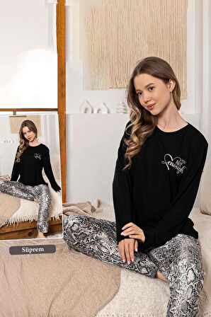 Kadın Yılan Desen Suprem Pijama Takımı 0330 Siyah | XL