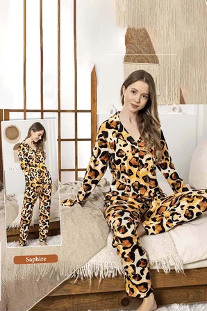 Kadın Leopar Desen Düğmeli Saphire Pijama Takımı 0336 Leopar | XL