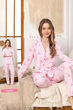 Kadın Fiyonk Desen Düğmeli Saphire Pijama Takımı 0376 Pembe | XL