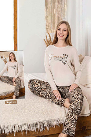 Kadın Leopar Desen Saphire Pijama Takımı 0473 Bej | L