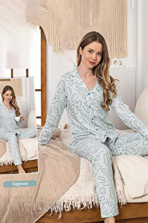 Kadın Çiçek Desen Düğmeli Suprem Pijama Takımı 0391 Mint | XL