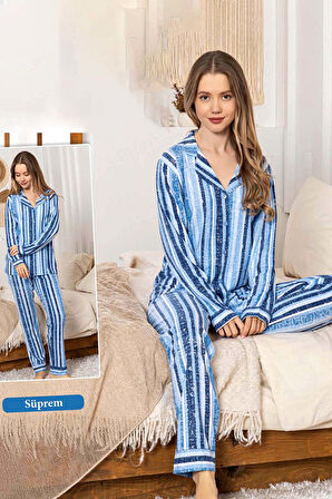 Kadın Çizgili Desen Düğmeli Suprem Pijama Takımı 0324 Mavi | XXL