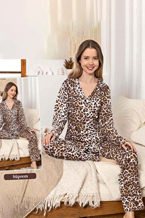 Kadın Leopar Desen Düğmeli Suprem Pijama Takımı 0397 Kahverengi | M