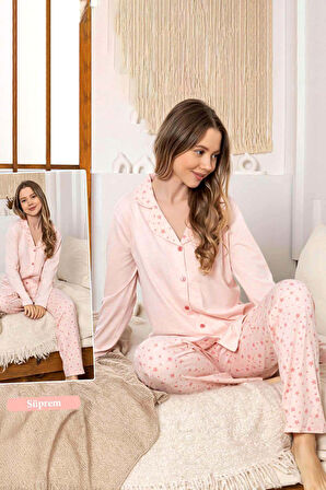 Kadın Yıldız Desen Düğmeli Suprem Pijama Takımı 0350 Pembe03 | XXL