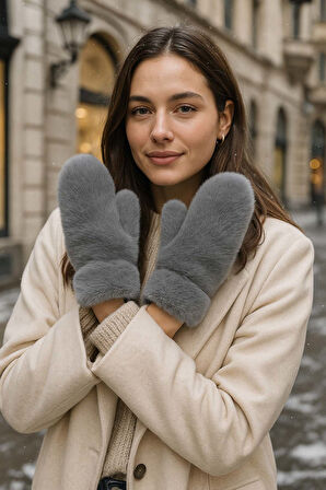 Kadın Peluş Eldiven ELD-32 Gri | Standart