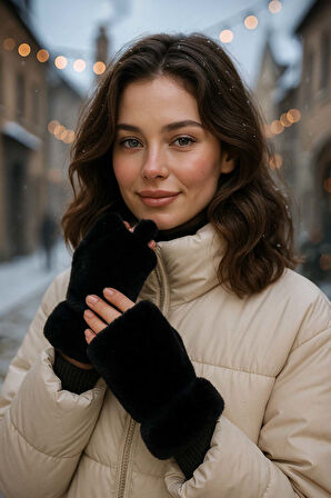 Kadın Kesik Peluş Eldiven ELD-33 Siyah | Standart