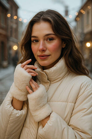 Kadın Kesik Peluş Eldiven ELD-33 Ekru | Standart