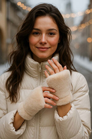 Kadın Kesik Peluş Eldiven ELD-33 Bej | Standart