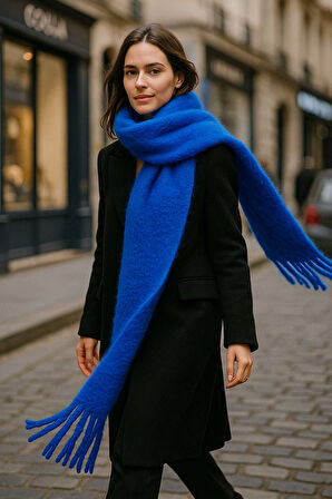 Kadın Püskül Detay Atkı Omuz Şalı 40x200 cm 1295 Saks Mavi  | Standart