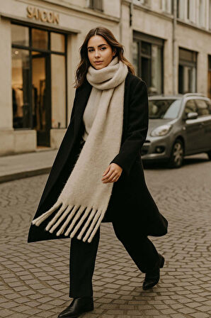 Kadın Püskül Detay Atkı Omuz Şalı 40x200 cm 1295 Bej | Standart