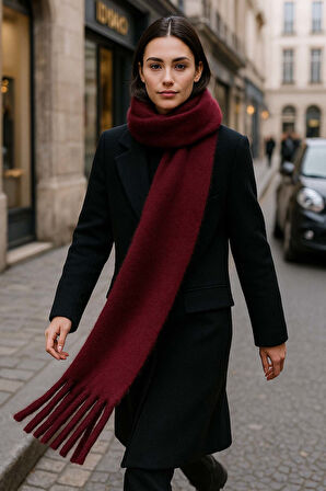 Kadın Püskül Detay Atkı Omuz Şalı 40x200 cm 1295 Bordo | Standart