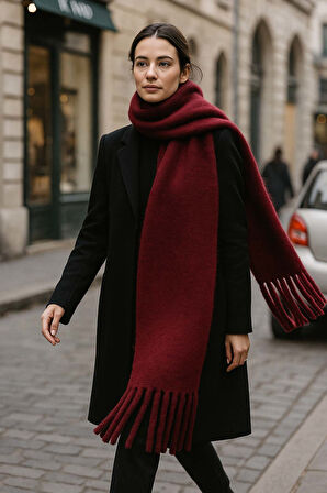 Kadın Püskül Detay Atkı Omuz Şalı 40x200 cm 1295 Bordo | Standart