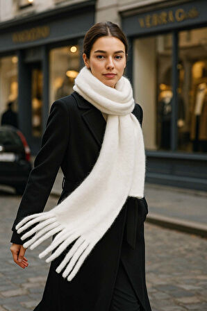 Kadın Püskül Detay Atkı Omuz Şalı 40x200 cm 1295 Ekru | Standart