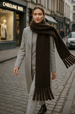 Kadın Püskül Detay Atkı Omuz Şalı 40x200 cm 1295 Kahverengi | Standart