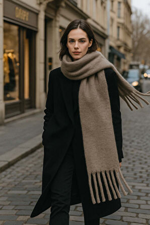 Kadın Püskül Detay Atkı Omuz Şalı 40x200 cm 1295 Vizon | Standart