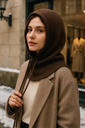 Kadın Triko Balaklava Bere Şapka RKŞBYN-05 Kahverengi | Standart