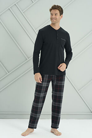 Erkek Interlok Penye Uzun Kol Pijama Takımı 2233 Siyah | M