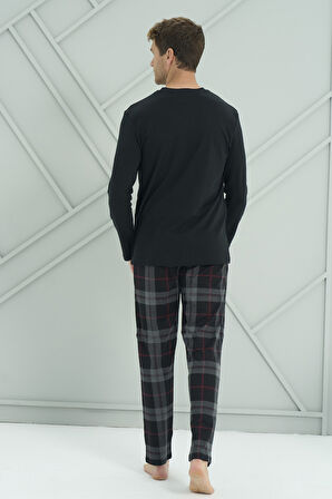 Erkek Interlok Penye Uzun Kol Pijama Takımı 2233 Siyah | XL