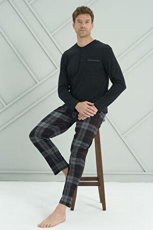 Erkek Interlok Penye Uzun Kol Pijama Takımı 2233 Siyah | XL