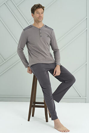 Büyük Beden Erkek Interlok Penye Uzun Kol Pijama Takımı 2203 Gri | XXL