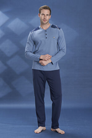 Büyük Beden Erkek Penye Uzun Kol Pijama Takımı 2104 İndigo | 3XL
