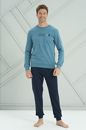 Erkek Interlok Penye Uzun Kol Pijama Takımı 2222 Petrol | L