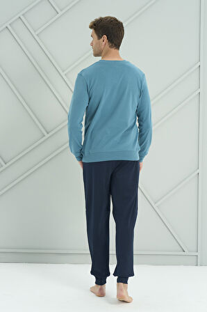 Erkek Interlok Penye Uzun Kol Pijama Takımı 2222 Petrol | L