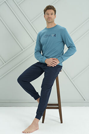 Erkek Interlok Penye Uzun Kol Pijama Takımı 2222 Petrol | XL