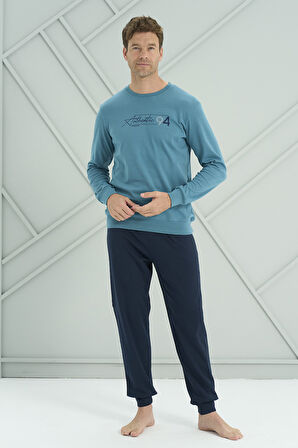 Erkek Interlok Penye Uzun Kol Pijama Takımı 2222 Petrol | XXL