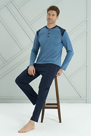 Erkek Interlok Penye Uzun Kol Pijama Takımı 2214 Petrol01 | L