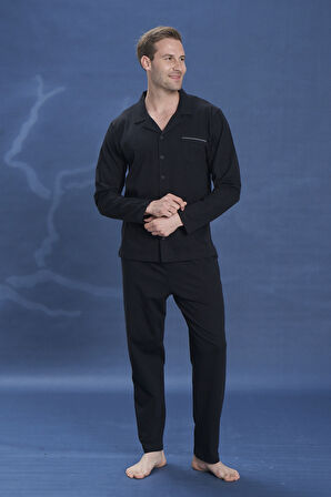 Erkek Penye Uzun Kol Pijama Takımı 2142 Siyah01 | L