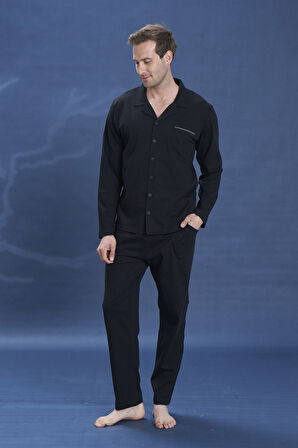 Erkek Penye Uzun Kol Pijama Takımı 2142 Siyah01 | XXL