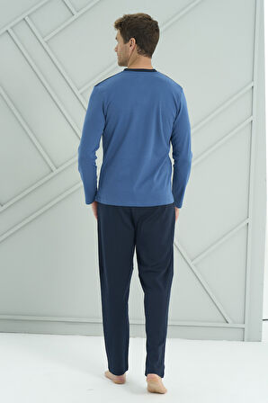 Erkek Interlok Penye Uzun Kol Pijama Takımı 2213 Saks | L