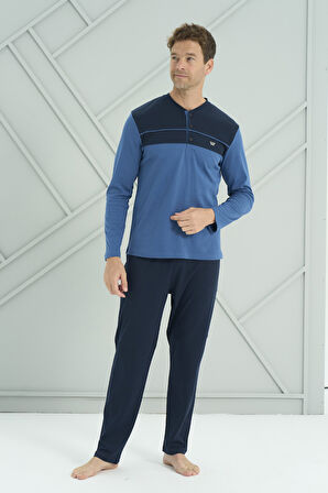 Erkek Interlok Penye Uzun Kol Pijama Takımı 2213 Saks | XL