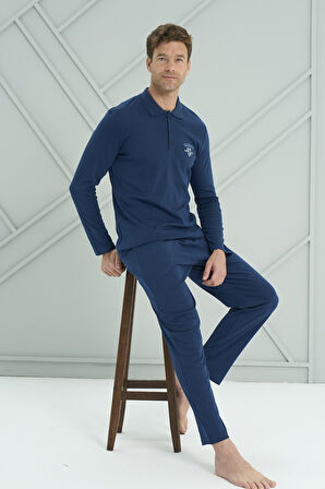 Erkek Interlok Penye Uzun Kol Pijama Takımı 2206 Açık Lacivert | XXL