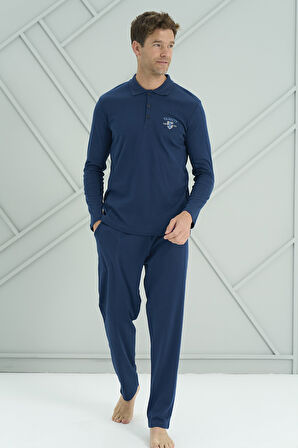 Erkek Interlok Penye Uzun Kol Pijama Takımı 2206 Açık Lacivert | XXL