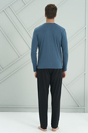Erkek Interlok Penye Uzun Kol Pijama Takımı 2201 Petrol02 | L