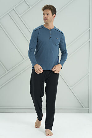 Erkek Interlok Penye Uzun Kol Pijama Takımı 2201 Petrol02 | L