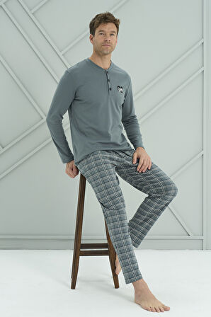 Erkek Interlok Penye Uzun Kol Pijama Takımı 2230 Yeşil | XL