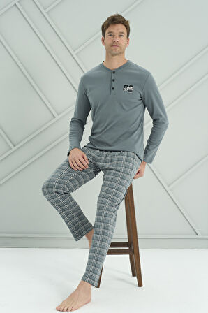Erkek Interlok Penye Uzun Kol Pijama Takımı 2230 Yeşil | XL