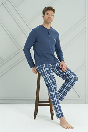 Erkek Interlok Penye Uzun Kol Pijama Takımı 2234 Petrol03 | XL