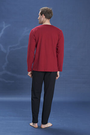 Büyük Beden Erkek Penye Uzun Kol Pijama Takımı 2141 Bordo | XXL