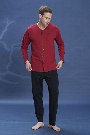 Büyük Beden Erkek Penye Uzun Kol Pijama Takımı 2141 Bordo | XXL