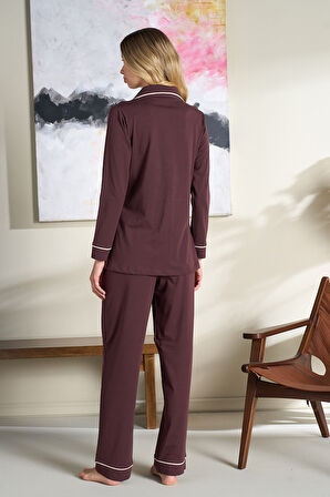 Kadın Interlok Penye Uzun Kol Pijama Takımı 3106 Kahverengi | XXL