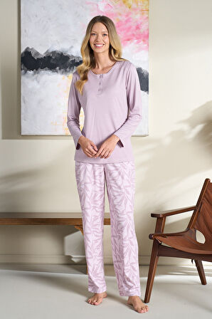 Büyük Beden Kadın Penye Uzun Kol Pijama Takımı 3116 Mor | 3XL