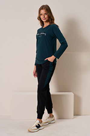 Kadın Penye Uzun Kol Pijama Takımı 3199 Petrol | L