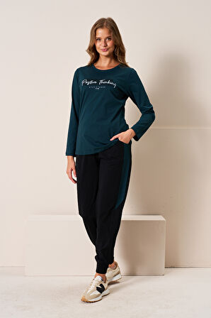 Kadın Penye Uzun Kol Pijama Takımı 3199 Petrol | L