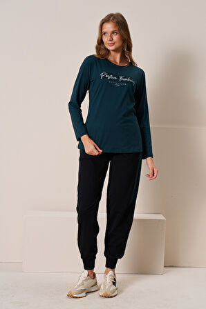 Kadın Penye Uzun Kol Pijama Takımı 3199 Petrol | XL