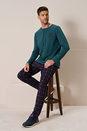 Erkek Penye Uzun Kol Pijama Takımı 3196 Zümrüt | L