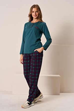 Kadın Penye Uzun Kol Pijama Takımı 3196 Zümrüt01 | L